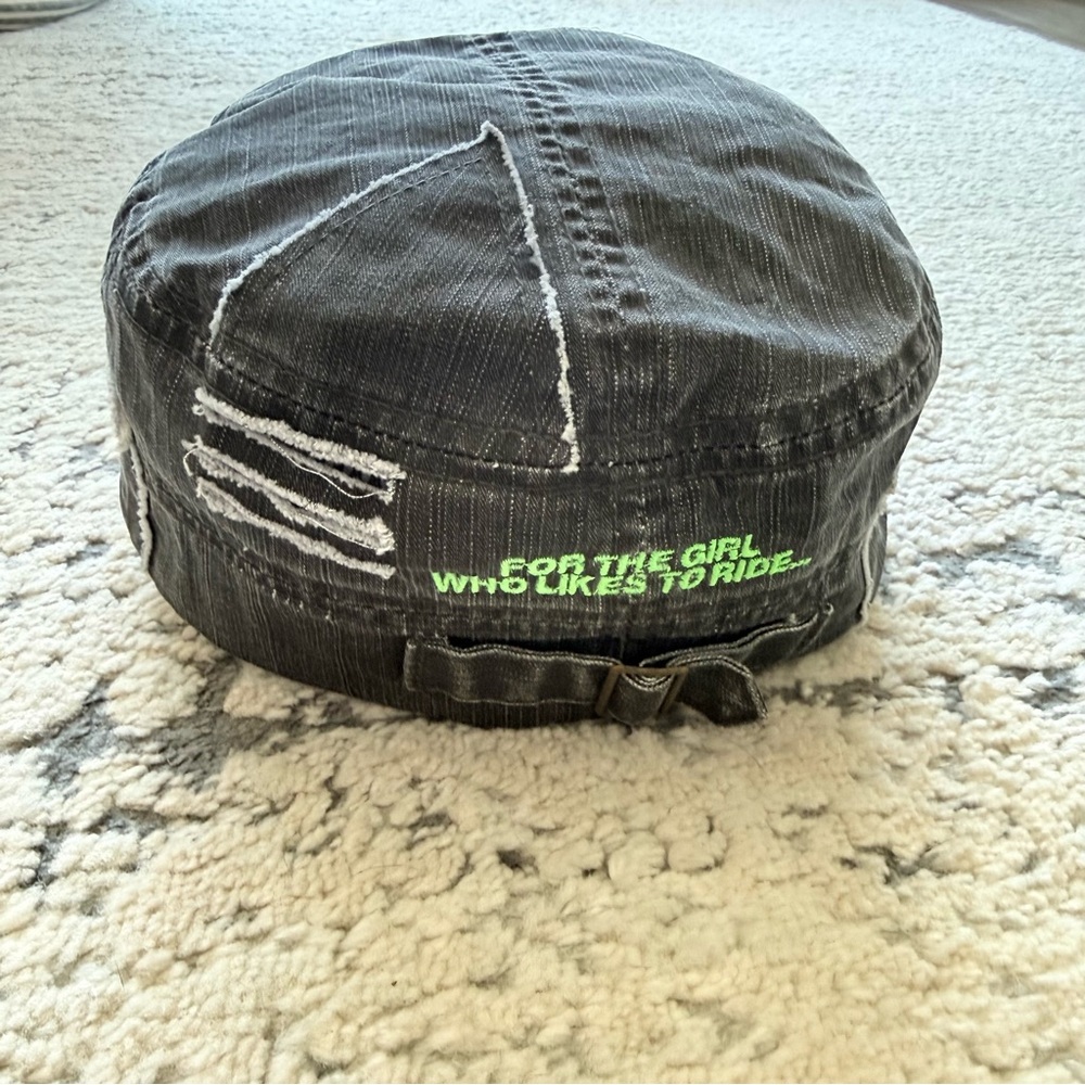 Woman’s Distressed Military Style Black Hat with Green Embroidery - Picture 3 of 9